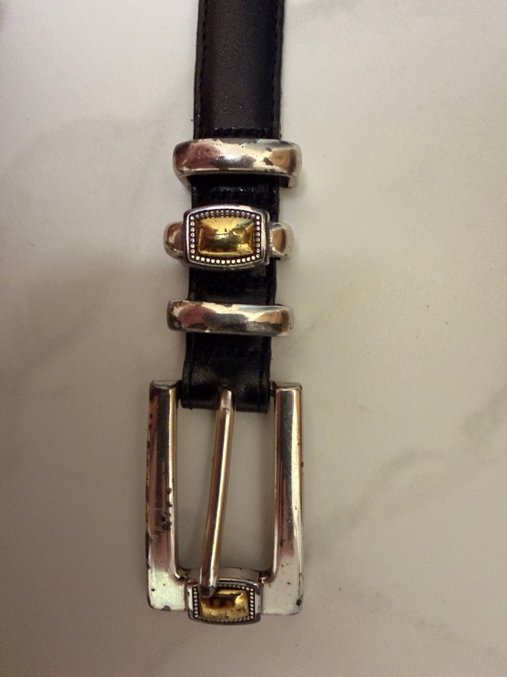 Black Leather Belt with Silver Hardware and Amber Accents